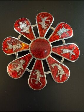 Vintage Siam Sterling Silver Red Guilloché Enamel Thai Dancer Sunburst Brooch